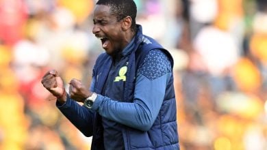 Rulani Mokwena celebrating on the sidelines during Mamelodi Sundowns match