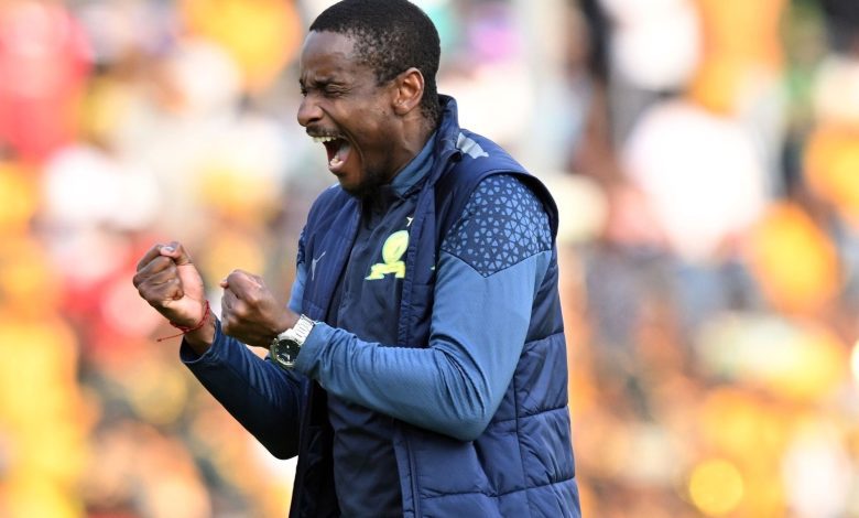 Rulani Mokwena celebrating on the sidelines during Mamelodi Sundowns match