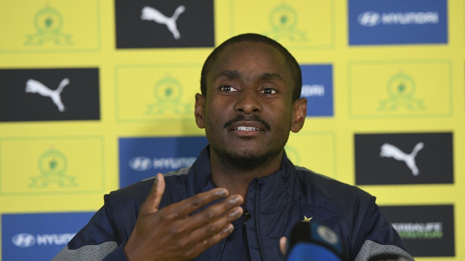 Mamelodi Sundowns coach Rulani Mokwena at a conference addressing