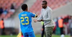 Rulani Mokwena with Lucas Ribeiro on the sidelines during Mamelodi Sundowns match