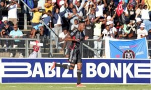 Thalente Mbatha celebrates a goal for Orlando Pirates