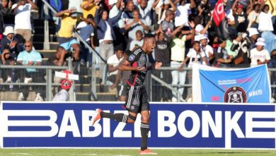 Thalente Mbatha celebrates a goal for Orlando Pirates