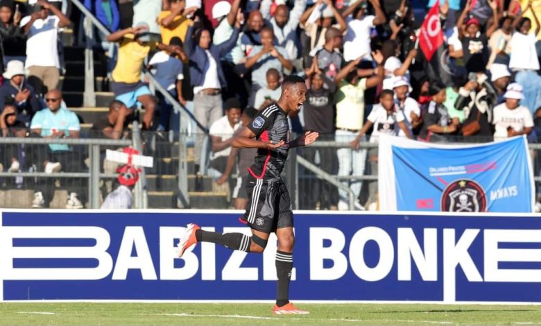 Thalente Mbatha celebrates a goal for Orlando Pirates