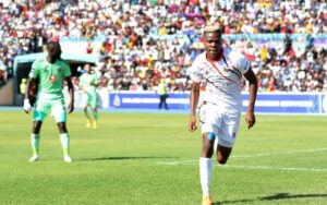 Daniel Msendami of Jwaneng Galaxy celebrates a goal he scored against Orlando Pirates