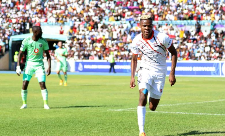 Daniel Msendami of Jwaneng Galaxy celebrates a goal he scored against Orlando Pirates