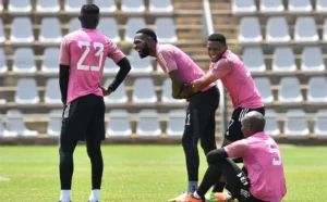 Fortune Makaringe of Orlando Pirates during a training session with his teammates