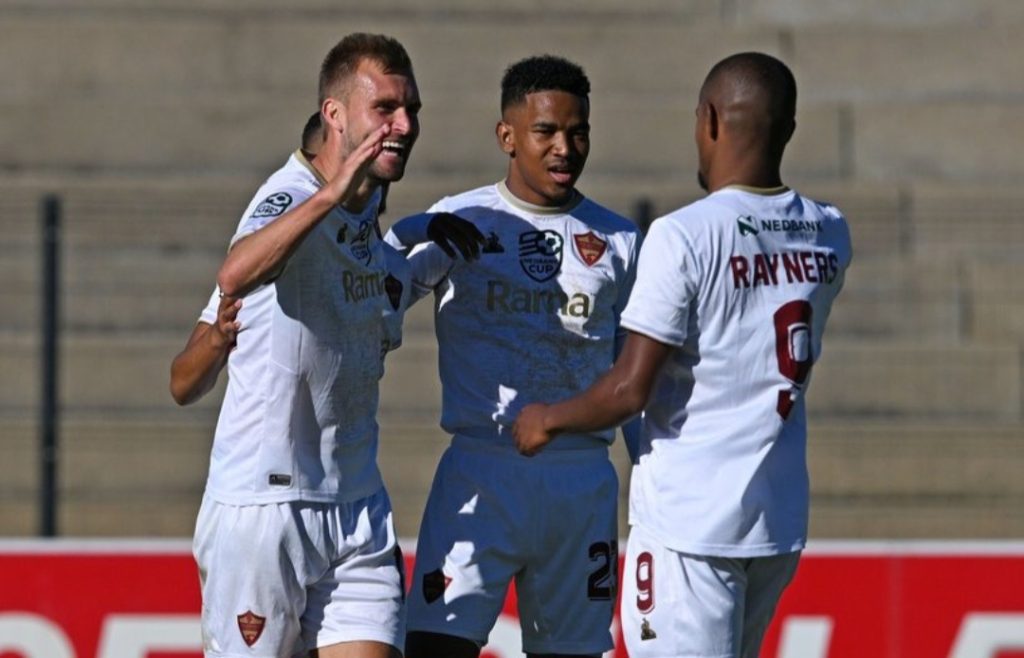 Jayden Adams and Iqraam Rayners celebrates a goal for Stellenbosch FC