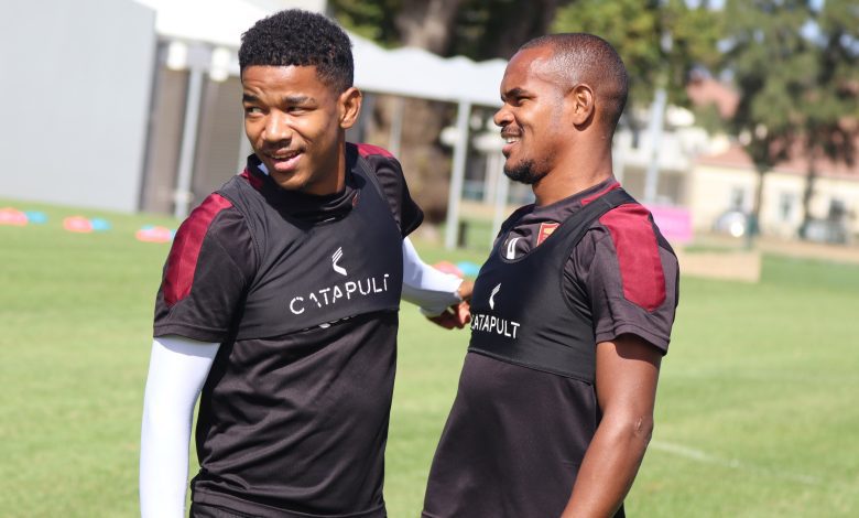 Jayden Adams and Iqraam Rayners during Stellenbosch FC training session