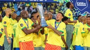 Mamelodi Sundowns stars lifting the DStv Premiership trophy