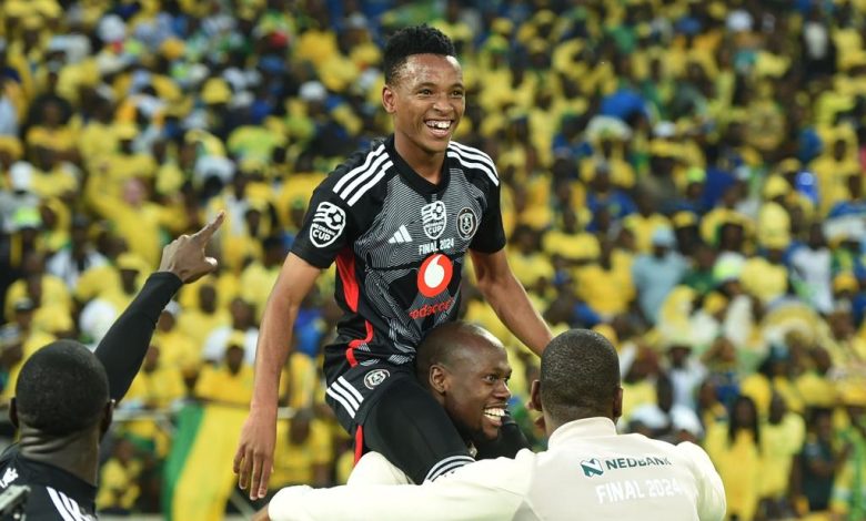 Relebohile Mofokeng of Orlando Pirates celebrating with his teammates