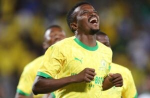 Teboho Mokoena celebrates a goal for Mamelodi Sundowns in the DStv Premiership