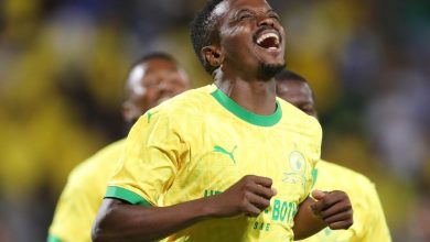 Teboho Mokoena celebrates a goal for Mamelodi Sundowns in the DStv Premiership