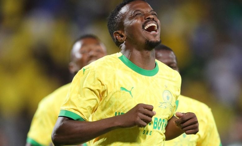 Teboho Mokoena celebrates a goal for Mamelodi Sundowns in the DStv Premiership