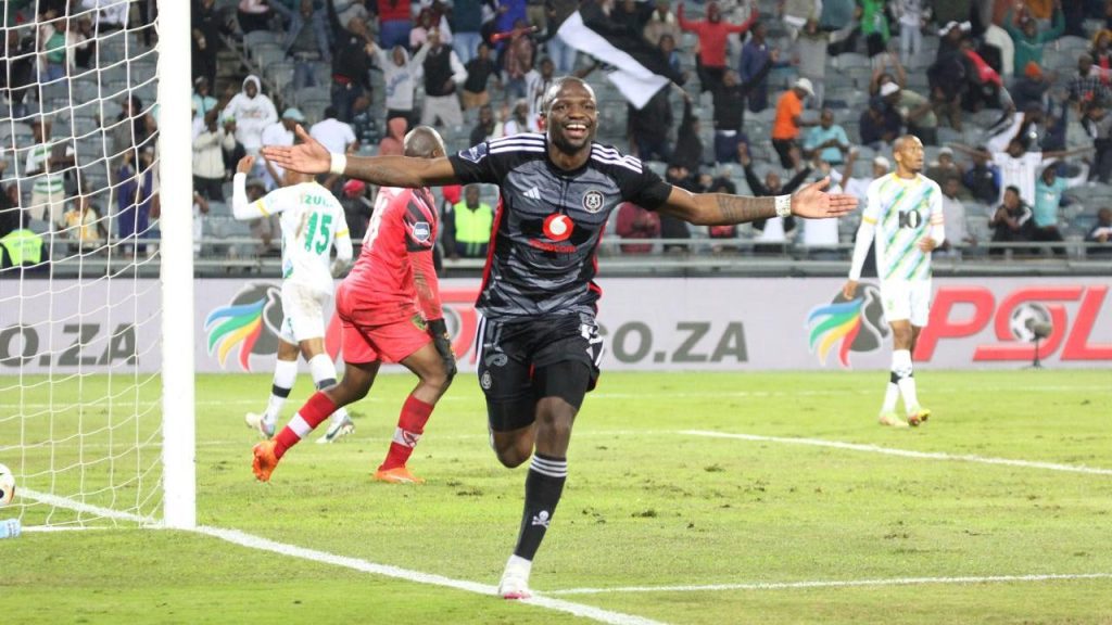 Orlando Pirates star Tshegofatso Mabasa celebrating goal