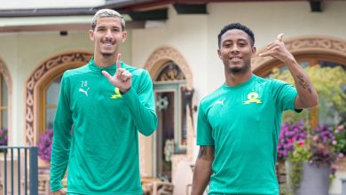 Mamelodi Sundowns new signing Arthur de Oliveira Sales with teammate