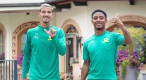 Mamelodi Sundowns new signing Arthur de Oliveira Sales with teammate