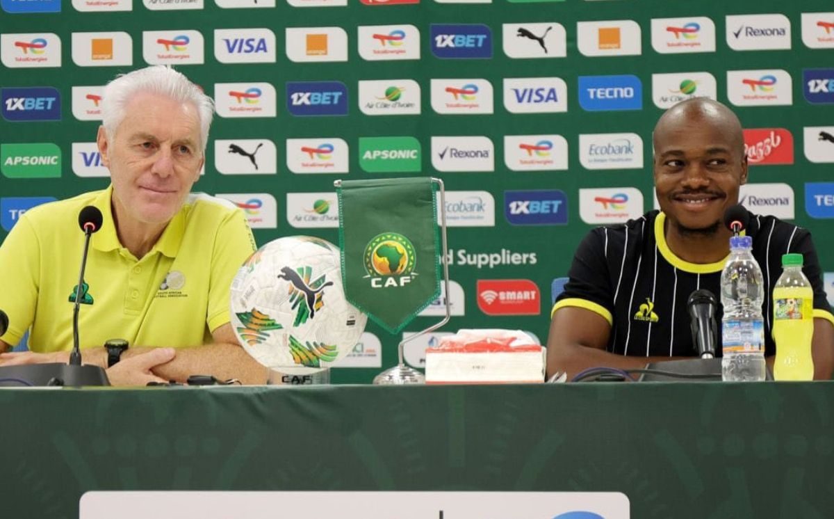 Hugo Broos and Percy Tau during a Bafana Bafana presser