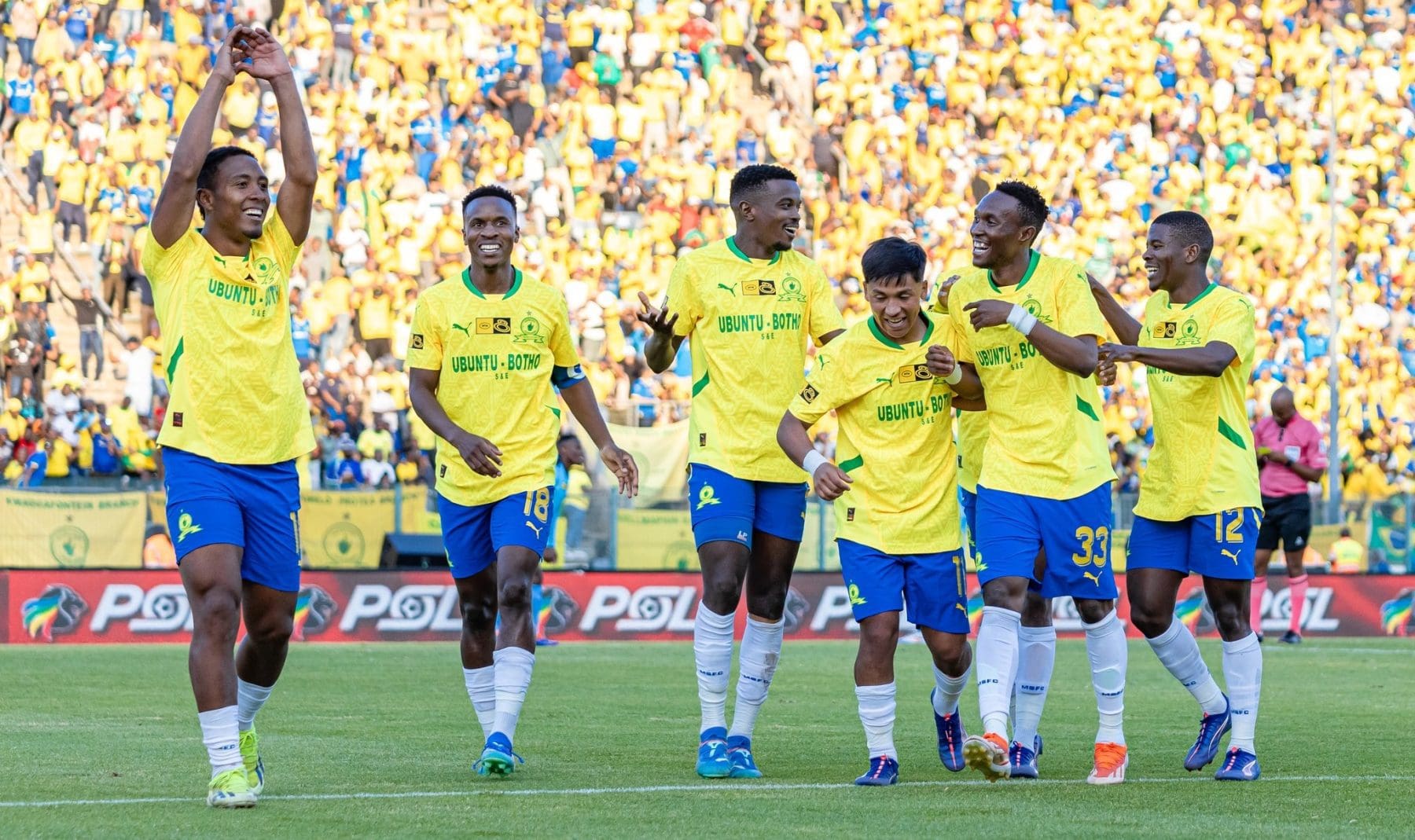 Mamelodi Sundowns players celebrate a goal in the MTN8