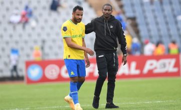 Sundowns defender Abdelmounaim Boutouil with Rulani Mokwena after a game