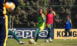 Kaizer Chiefs midfielder Sabelo Radebe with his teammates at training