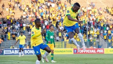 Mamelodi Sundowns midfielder Lesiba Nku in celebratory mood