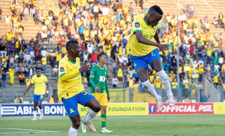 Mamelodi Sundowns midfielder Lesiba Nku in celebratory mood