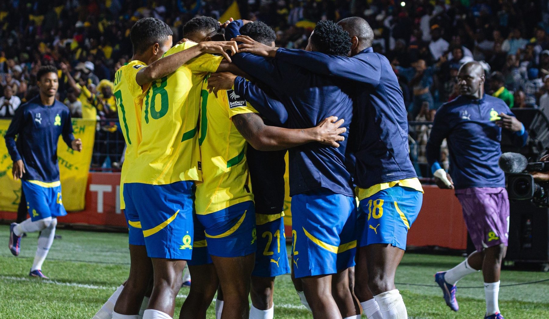 Mamelodi Sundowns players celebrate a goal in the Betway Premiership