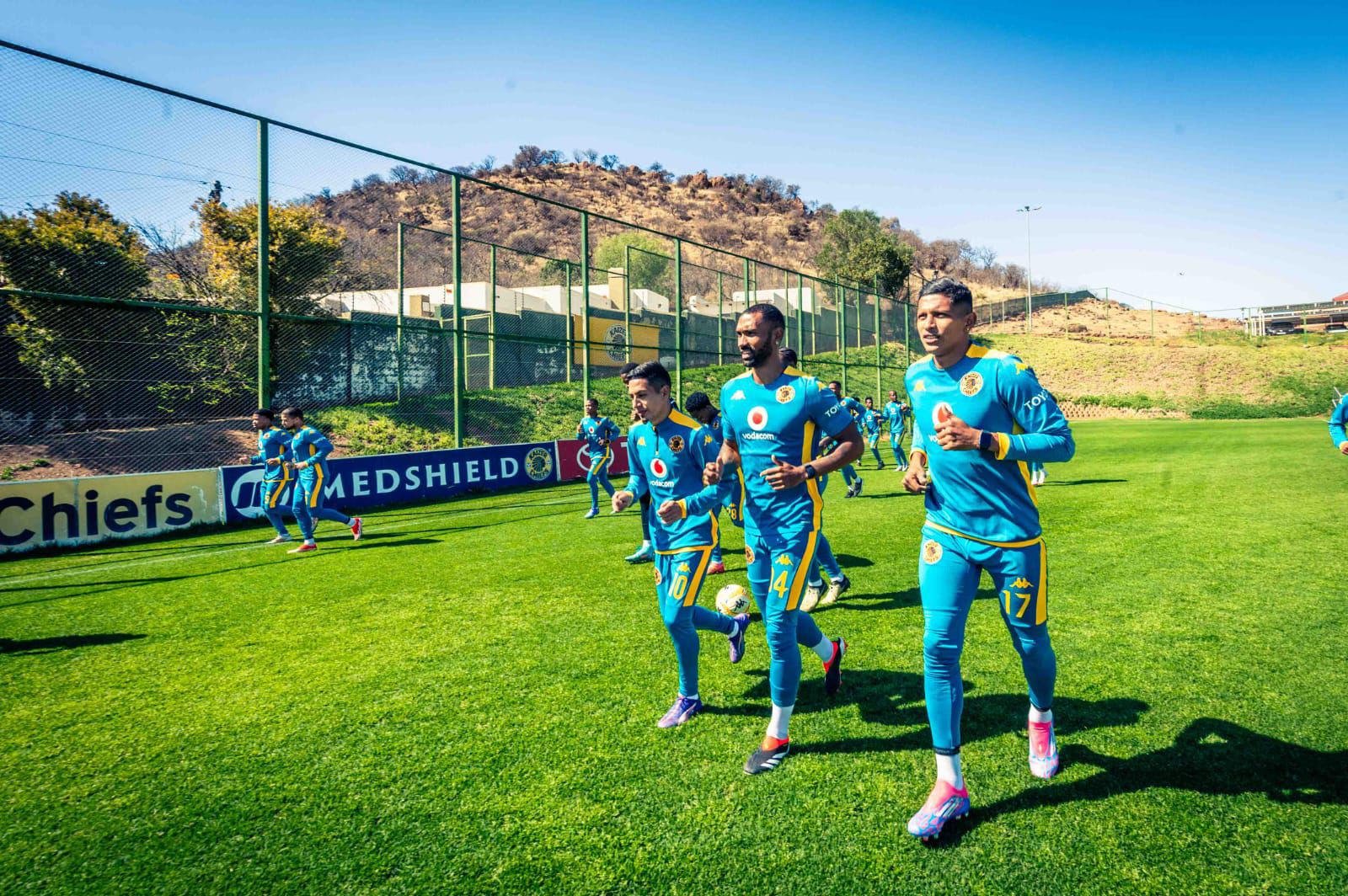 Miguel Inacio warming up with his Kaizer Chiefs teammates Edson Castillo and Gaston Sirino