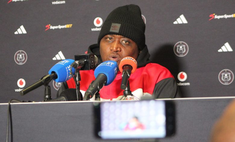 Jwaneng Galaxy head coach Morena Ramoreboli addressing the media after 1-0 defeat against Orlando Pirates