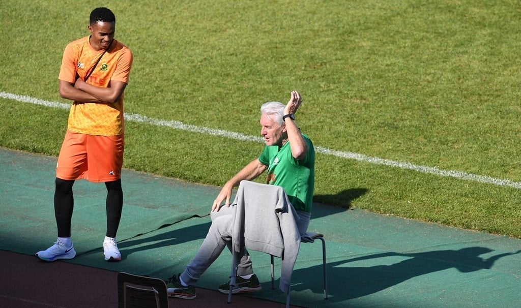 Njabulo Blom and Bafana Bafana coach Hugo Broos