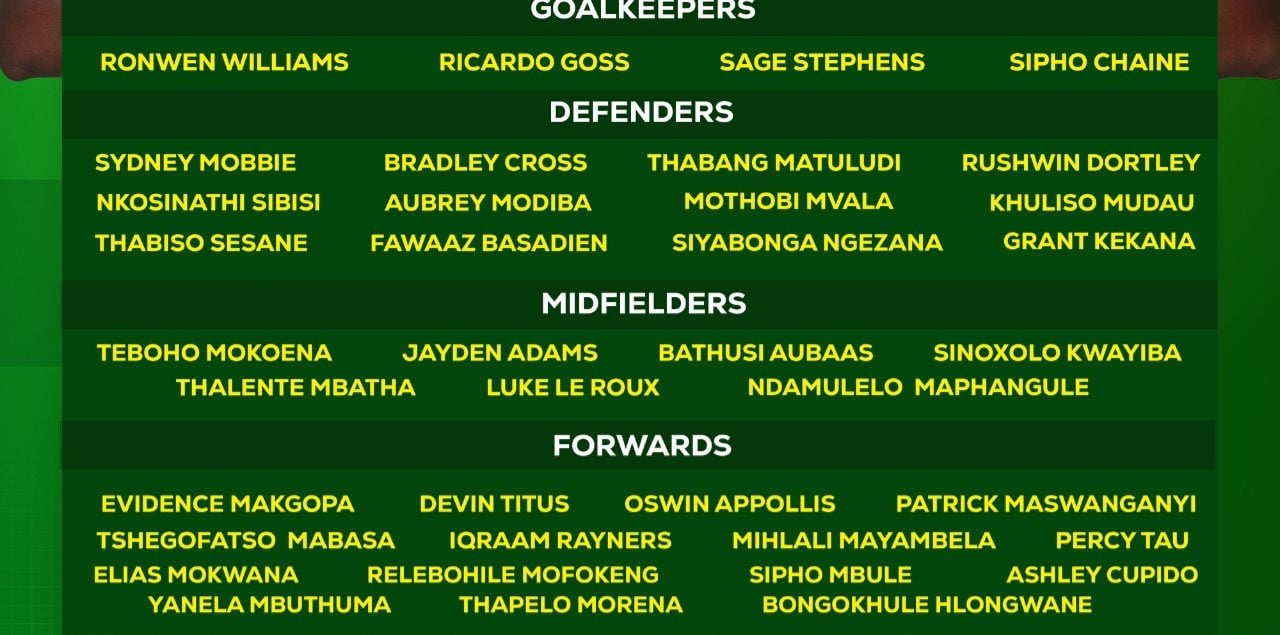 Bafana Bafana coach Hugo Broos has named a 38-player preliminary squad for the 2025 Africa Cup of Nations qualifiers against Uganda and South Sudan.