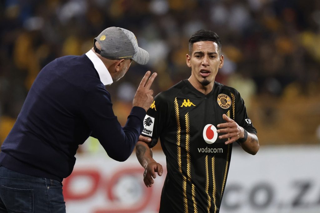 Gaston Sirino in action for Kaizer Chiefs getting instructions from his coach