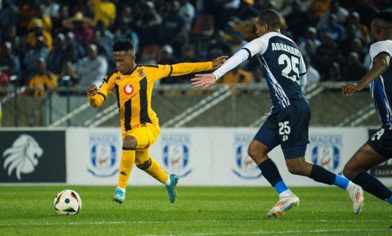 Kaizer Chiefs attacker Mduduzi Shabalala taking a short in a match against Magesi FC