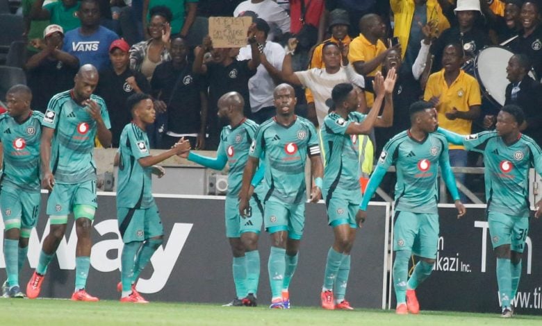 Orlando Pirates celebrating after scoring against TS Galaxy