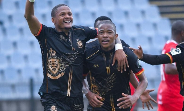 Motebang Sera and Ayanda Jiyane celebrating goal against Sekhukhune United