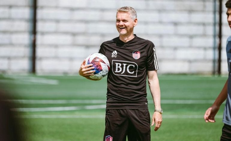 Former St Louis City coach Bradley Carnell in a mood mood at training