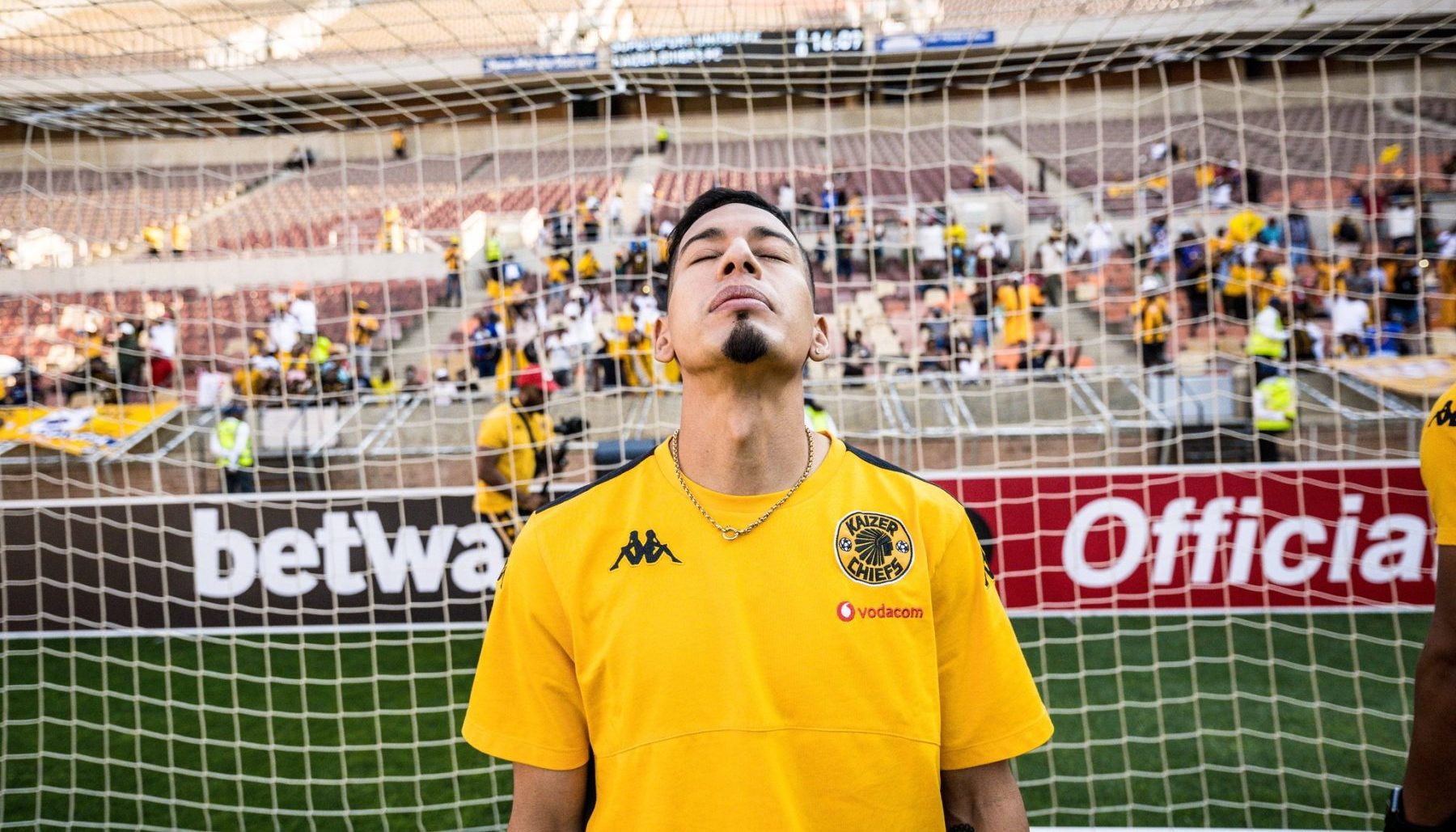 Gastón Sirino of Kaizer Chiefs praying during a pitch inspection in Polokwane