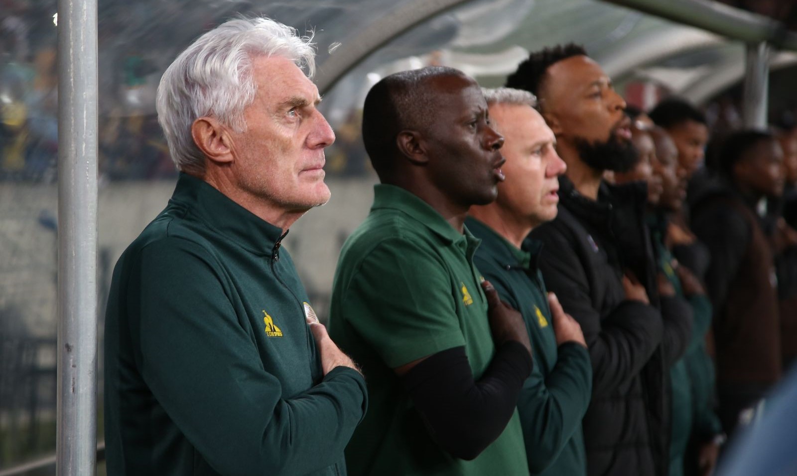 Hugo Broos and Bafana Bafana singing national anthem