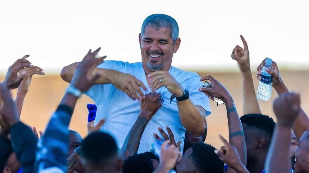 Clinton Larsen celebrating with Magesi FC after winning Motsepe Foundation Championship