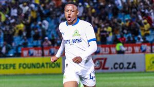 Mamelodi Sundowns winger Kutlwano Letlhaku celebrating a goal against Polokwane City