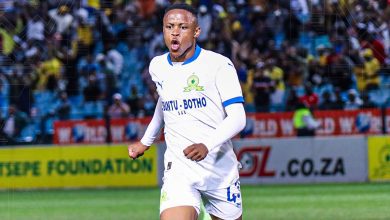 Mamelodi Sundowns winger Kutlwano Letlhaku celebrating a goal against Polokwane City