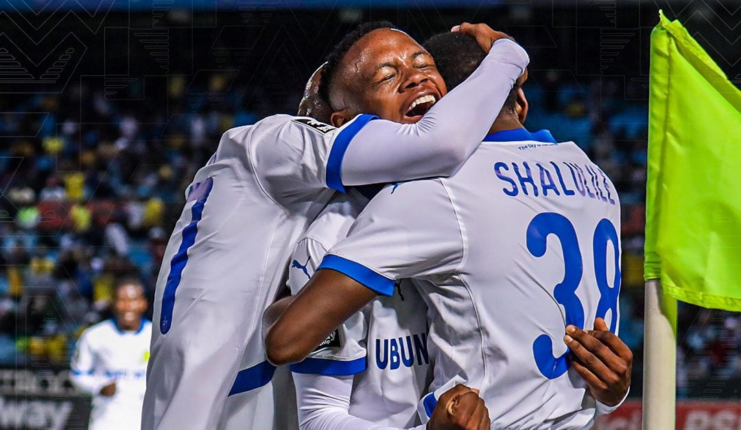 Kutlwano Letlhaku celebrating with his Mamelodi Sundowns teammates after scoring against Polokwane City