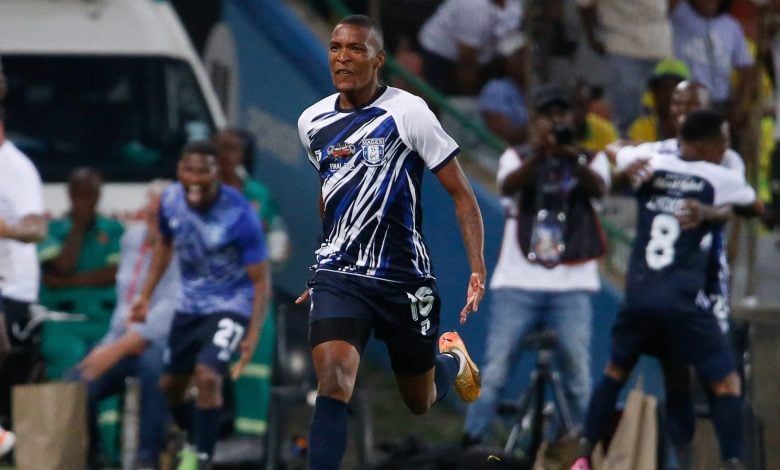 Delano Abrahams celebrating Magesi FC's winning goal against Sundowns