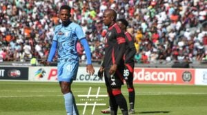 Nkosinathi Sibisis guiding Wonderboy Makhubu in the Carling Knockout Cup match