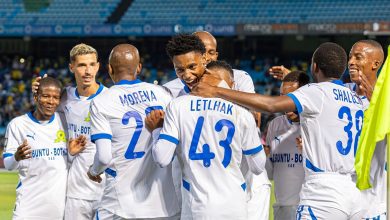 Mamelodi Sundowns players celebrate a goal in the Betway Premiership during a match