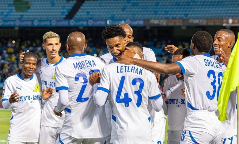 Mamelodi Sundowns players celebrate a goal in the Betway Premiership during a match