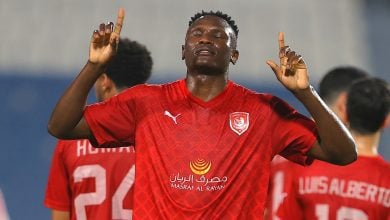 Michael Olunga celebrating after scoring a goal in the colours of Al-Duhail