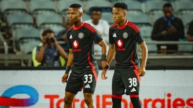 Mohau Nkota and Relebohile Mofokeng during a game at Orlando Pirates