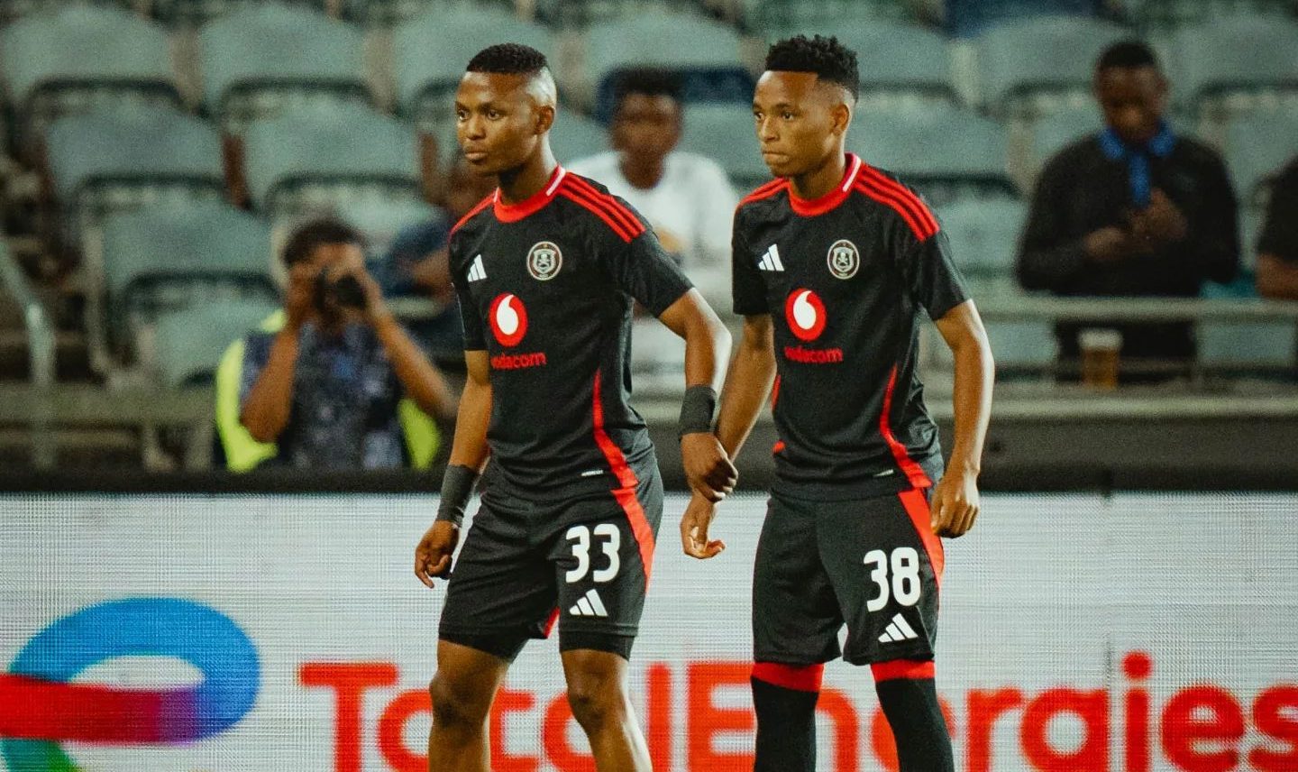 Mohau Nkota and Relebohile Mofokeng during a game at Orlando Pirates