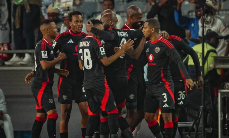 Orlando Pirates players celebrate a goal in the Betway Premiership